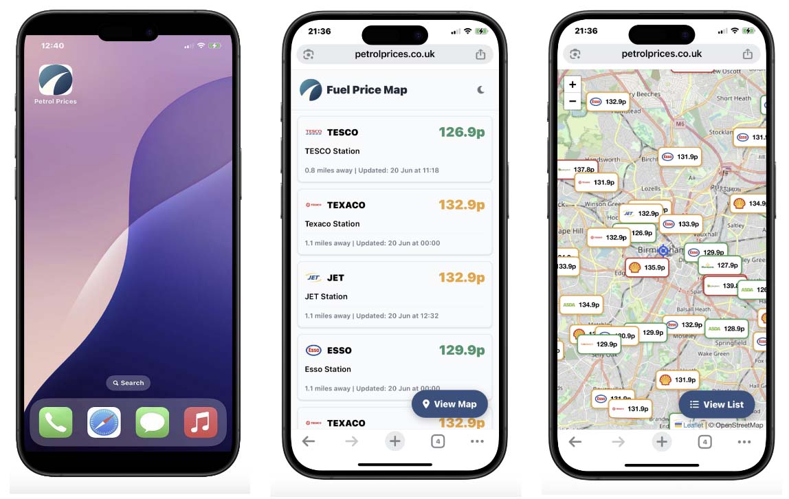 How the PetrolPrices.co.uk web app looks on an Apple iPhone